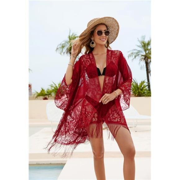 Sexy Elegant Lace Kimono Cover Up Red